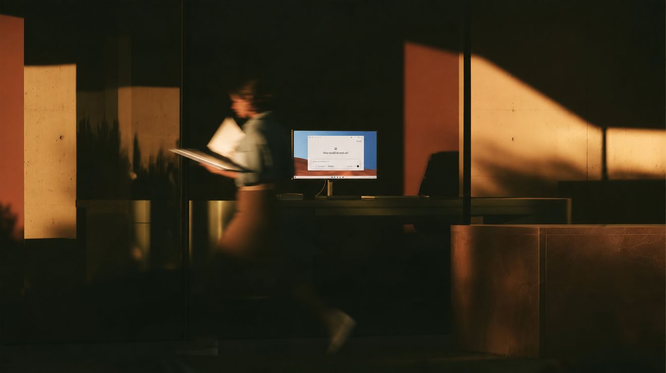 Office at dusk with a monitor still glowing