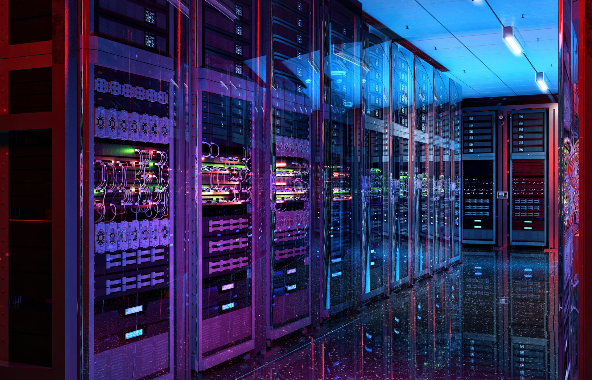 Server racks in a data center kept running around the clock